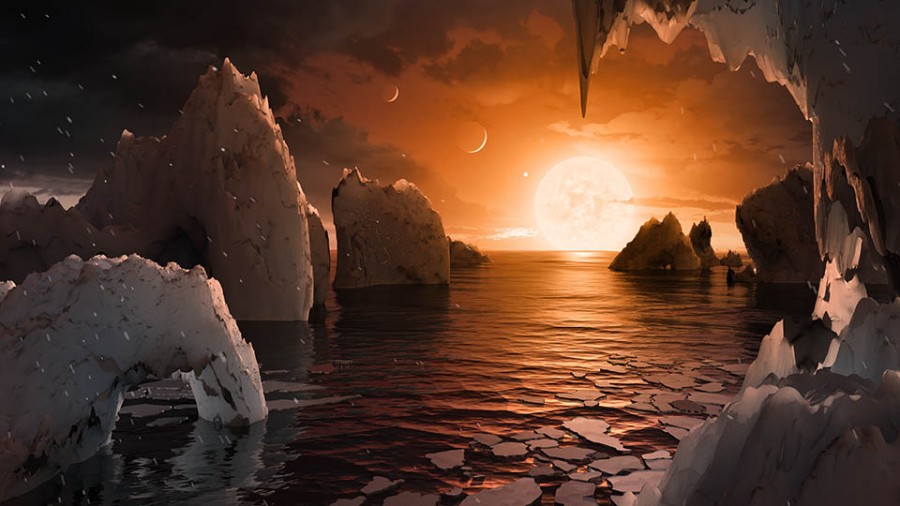Imagine standing on the surface of the exoplanet TRAPPIST-1f. This artist's concept is one interpretation of what it could look like.